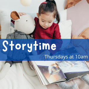 A picture of a young girl reading. text says Storytime Thursdays 10am