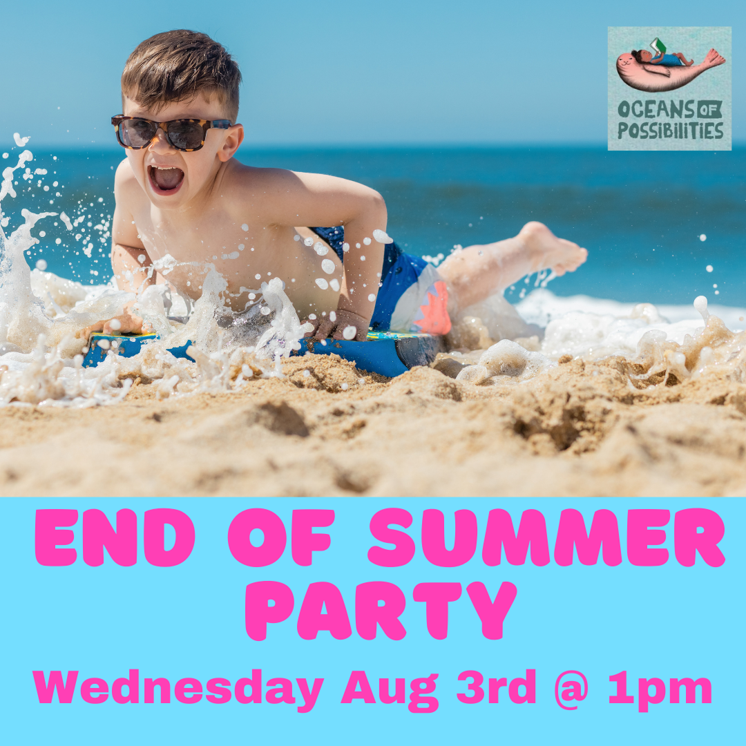 A boy playing on the beach. Text says " end of summer party wednesday August 3rd at 1pm"